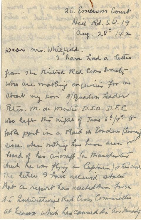 Letter to Clive Whitfield's mother from the mother of S/Ldr De Mestre provided by Judy Rudham
